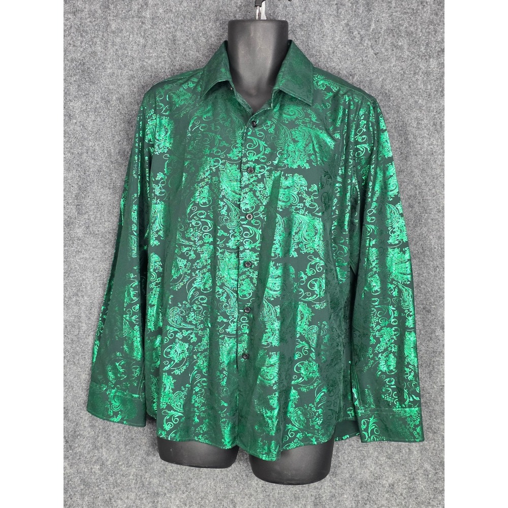 Barry Wang Mens Emerald Green Paisley Dress Shirt Long‎ Sleeve Sz L Shiny Gatsby
